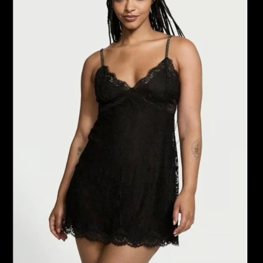Victoria's Secret Black Twinkle Strap Lace Slip Dress Rhinestone Strap Large NEW